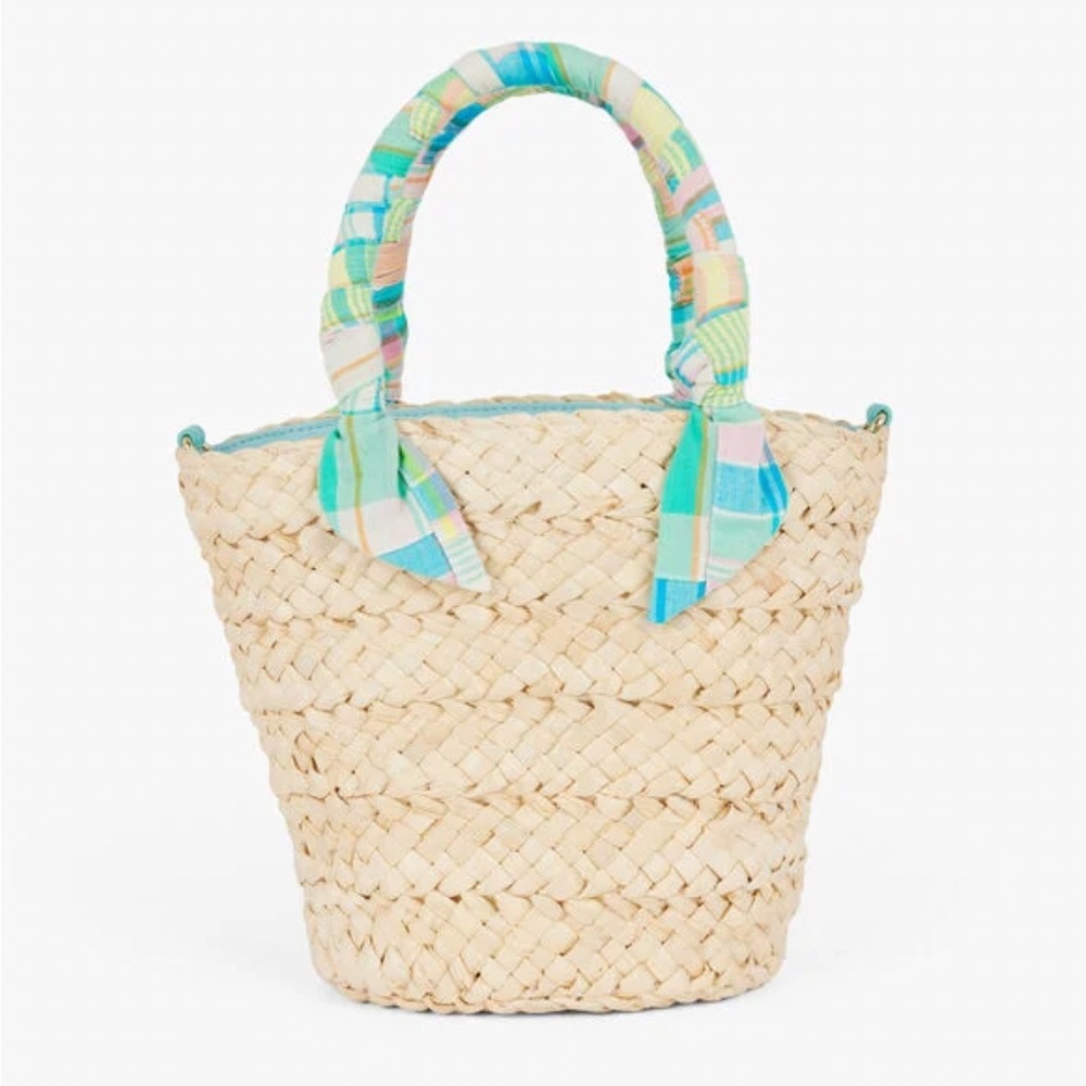 Talbots MADRAS SCARF HANDLE STRAW TOTE, spring Straw Purse, corn blue purse